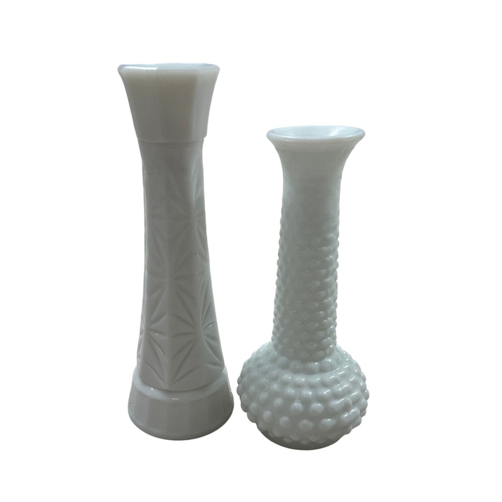 Vintage Milk Glass Bud Vase Set Hobnail and Starburst White Mid Century 2 Piece